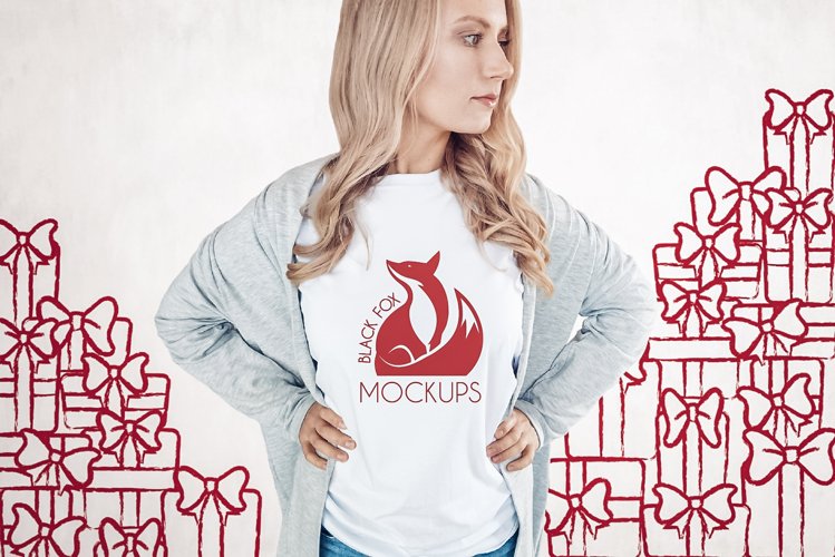 Christmas Xmas Winter White women t-shirt model mockup JPEG