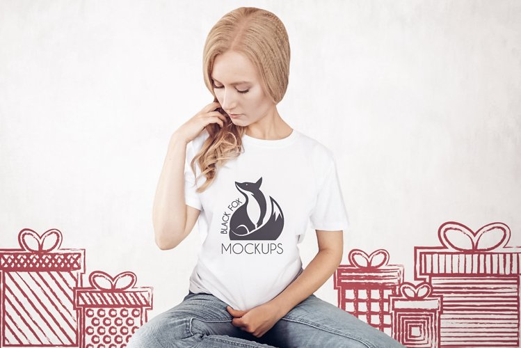 Christmas Xmas Winter White women t-shirt model mockup JPEG