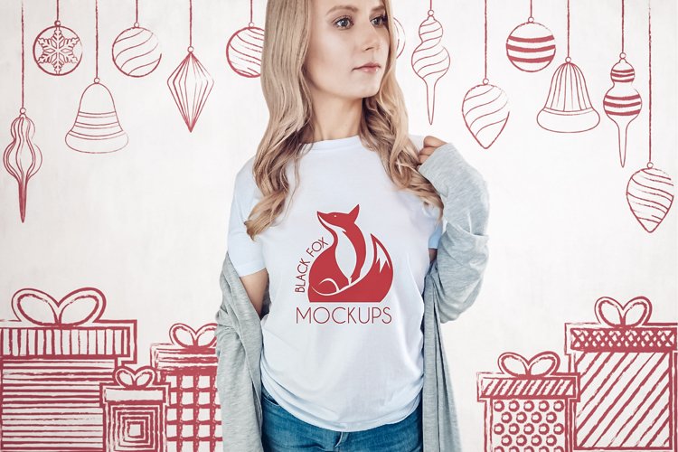 Christmas Xmas Winter White women t-shirt model mockup JPEG