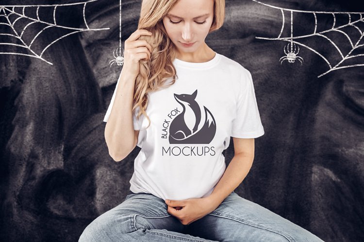 Halloween White t-shirt model mockup on chalkboard with web