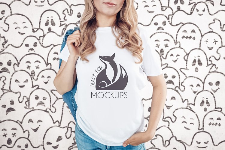 White tshirt model Halloween mockup on spooky BG with ghosts