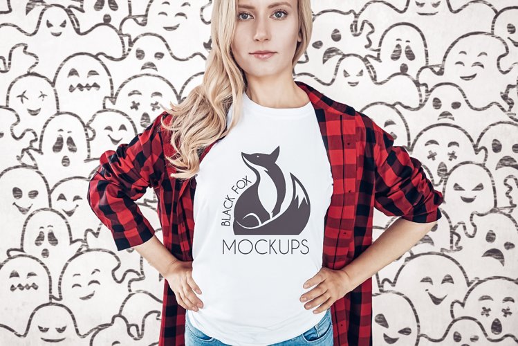 White tshirt model Halloween mockup on spooky BG with ghosts