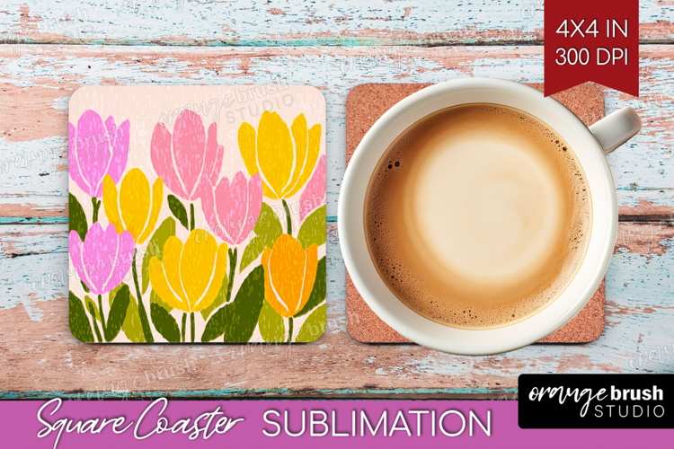 Tulip Modern Floral Square Coaster Sping Flower Coaster PNG
