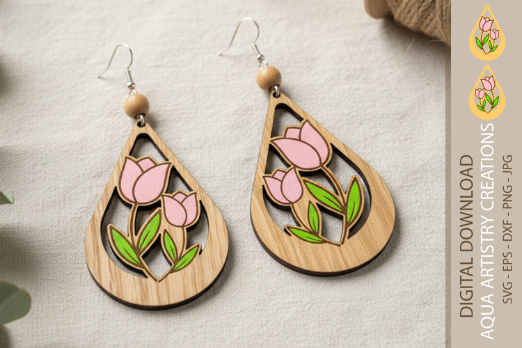 Tulip Flower Teardrop Laser Cut Earring, Flower Earrings SVG