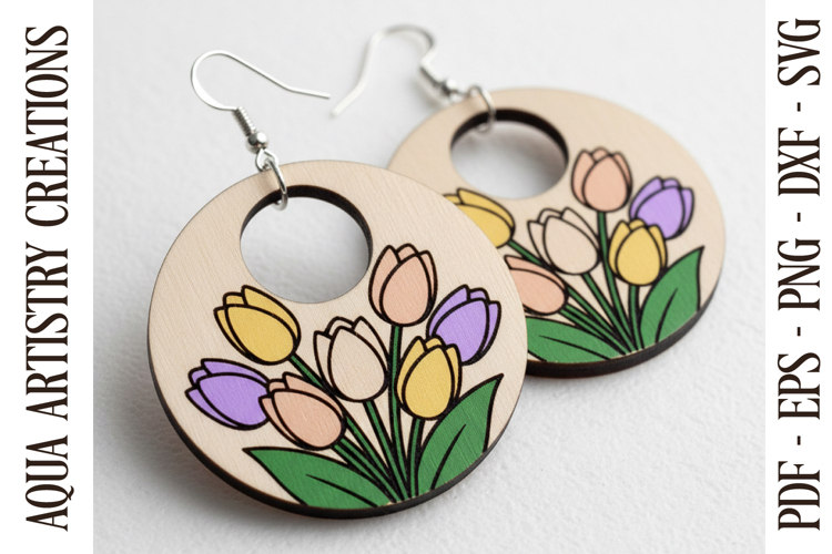Round Hoop Tulips Earring, Engrave and Cut Laser cut, SVG