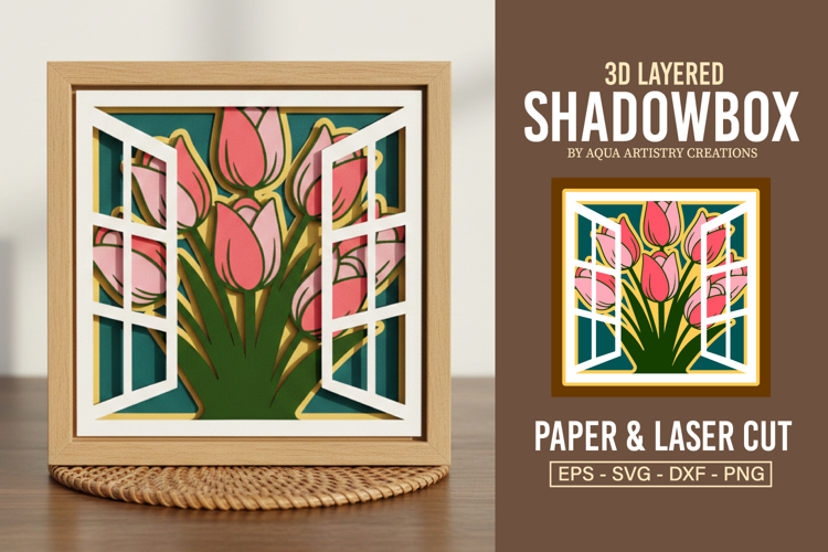 Open Window Tulips 3D Layered Shadow box SVG Template