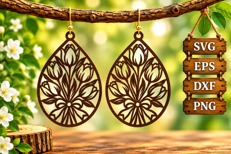 Tulip Teardrop Earring Spring Floral Ribbon Wood Laser SVG