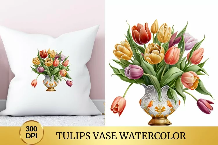 Tulips Vase Watercolor Clipart Flower