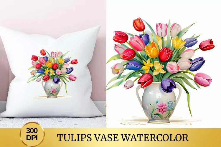 Tulips Vase Watercolor Clipart Flower