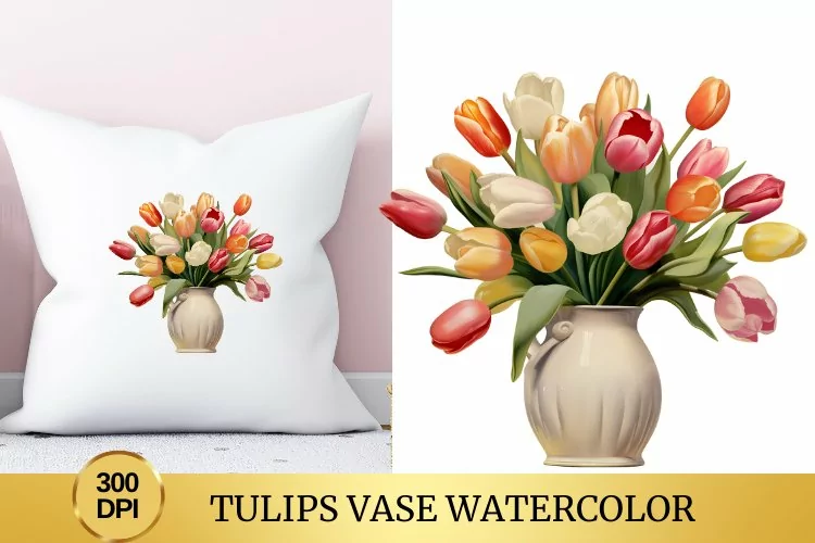 Tulips Vase Watercolor Clipart Flower