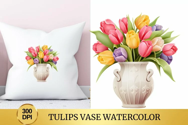 Tulips Vase Watercolor Clipart Flower