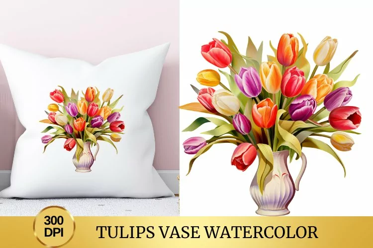Tulips Vase Watercolor Clipart Flower