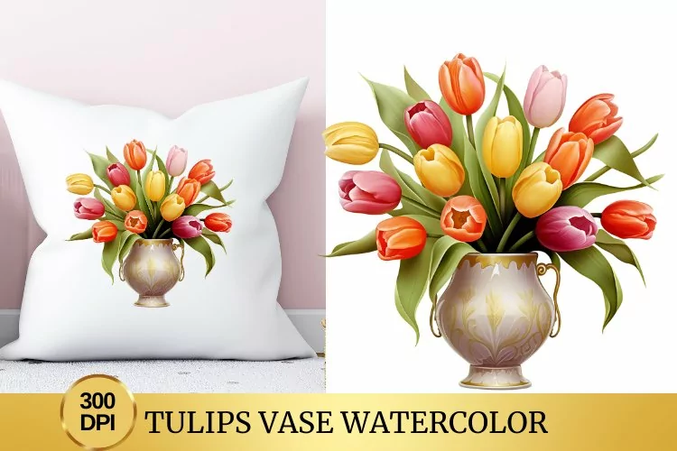 Tulips Vase Watercolor Clipart Flower