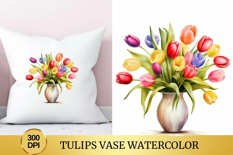 Tulips Vase Watercolor Clipart Flower
