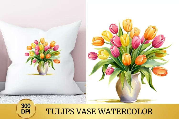 Tulips Vase Watercolor Clipart Flower