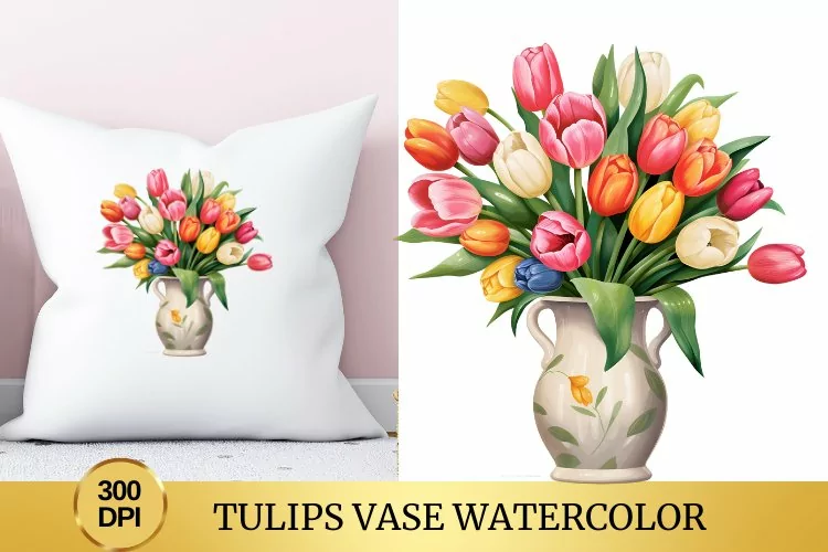 Tulips Vase Watercolor Clipart Flower