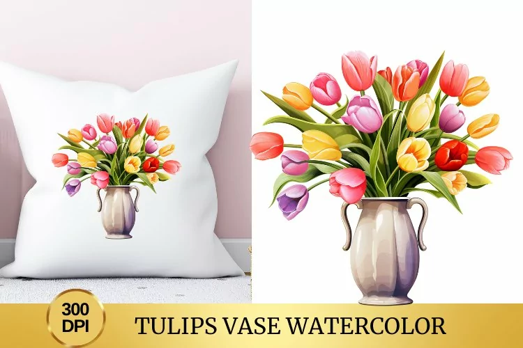Tulips Vase Watercolor Clipart Flower
