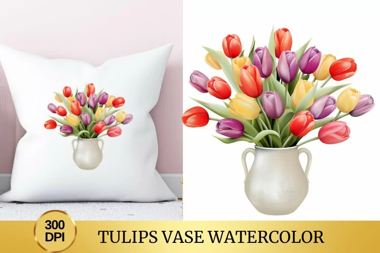 Tulips Vase Watercolor Clipart Flower