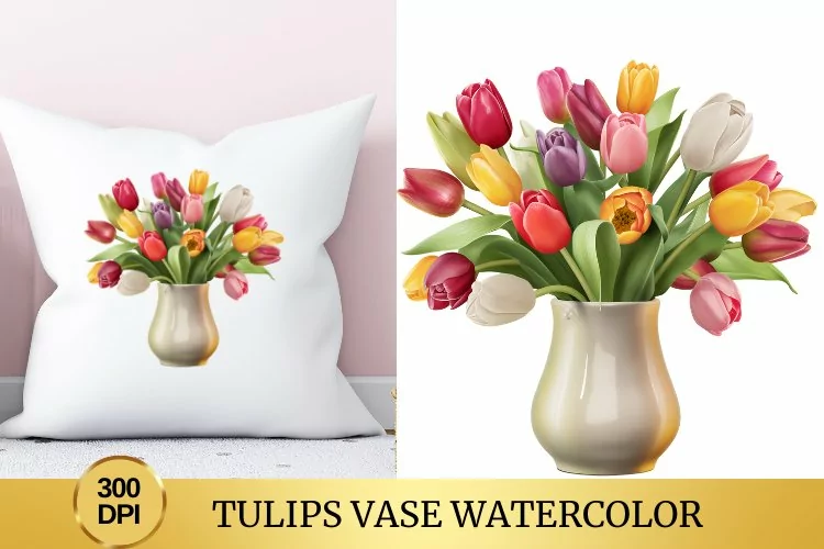 Tulips Vase Watercolor Clipart Flower