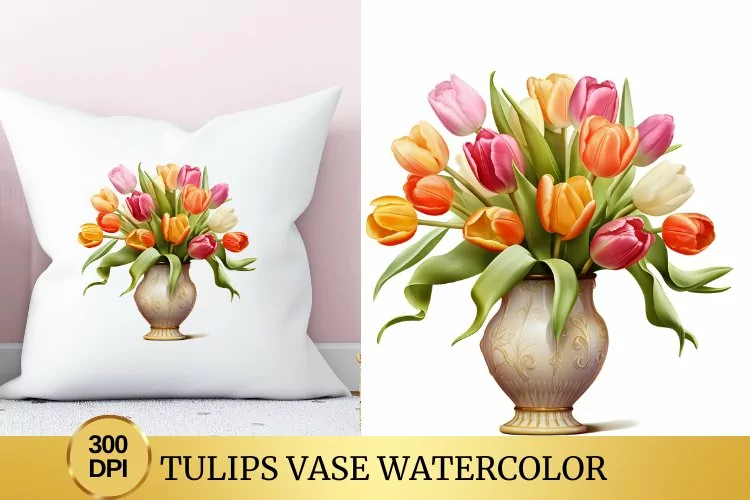 Tulips Vase Watercolor Clipart Flower