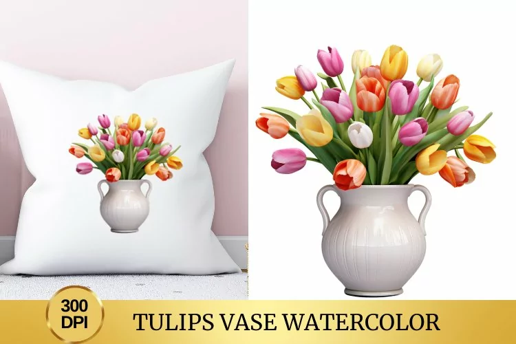 Tulips Vase Watercolor Clipart Flower