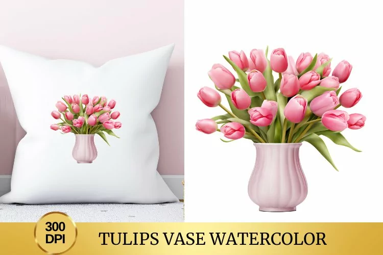 Tulips Vase Watercolor Clipart Flower