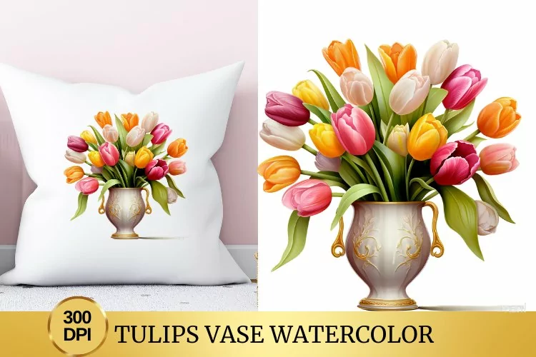 Tulips Vase Watercolor Clipart Flower