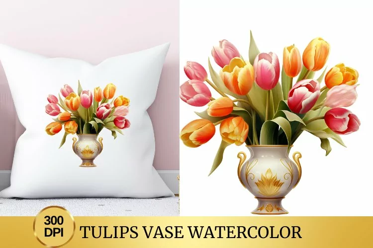 Tulips Vase Watercolor Clipart Flower