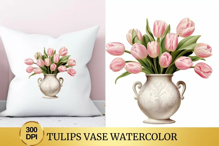 Tulips Vase Watercolor Clipart Flower
