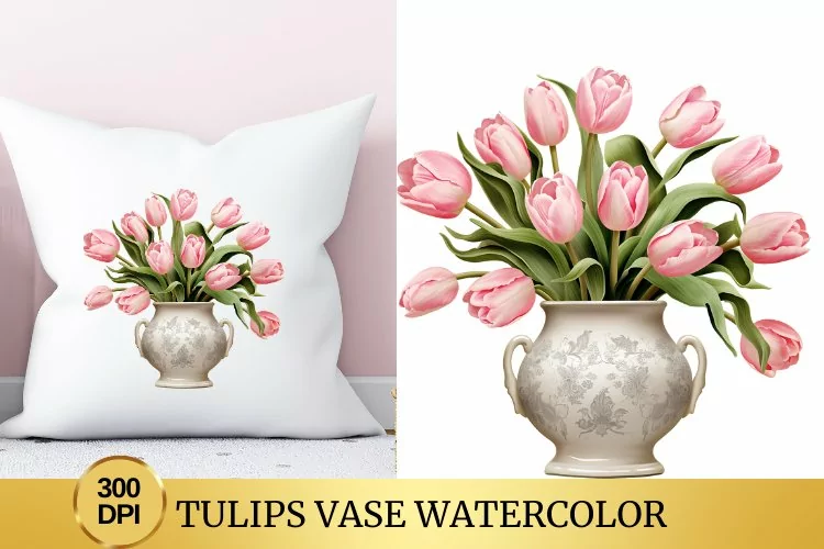 Tulips Vase Watercolor Clipart Flower