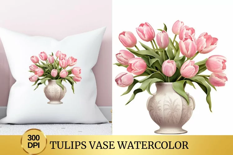Tulips Vase Watercolor Clipart Flower