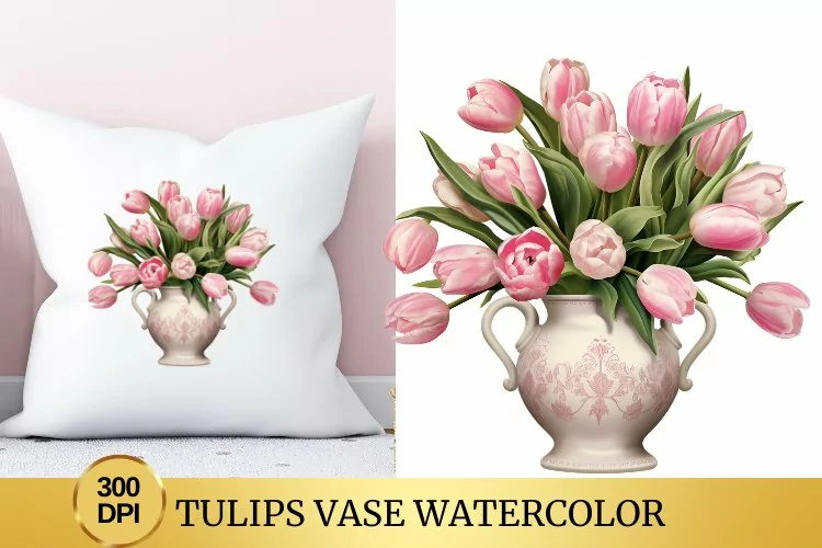 Tulips Vase Watercolor Clipart Flower