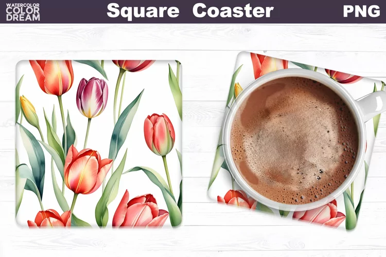 Watercolor Tulip Square Coaster | Spring Flowers Coaster