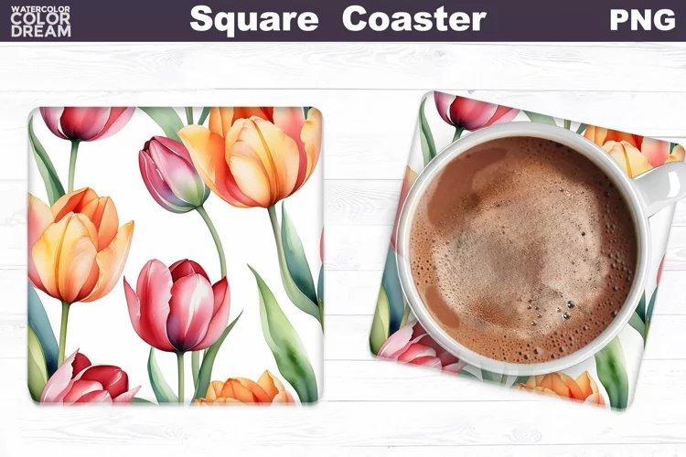 Watercolor Tulip Square Coaster | Spring Flowers Coaster