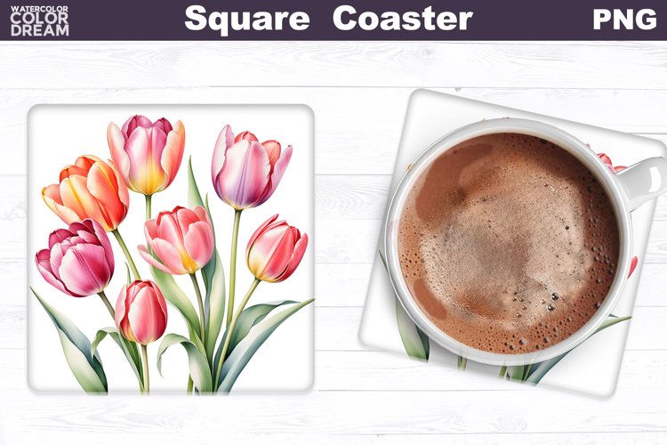 Watercolor Tulip Square Coaster | Spring Flowers Coaster