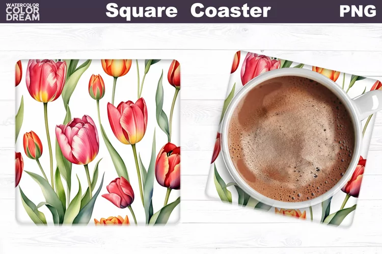 Watercolor Tulip Square Coaster | Spring Flowers Coaster