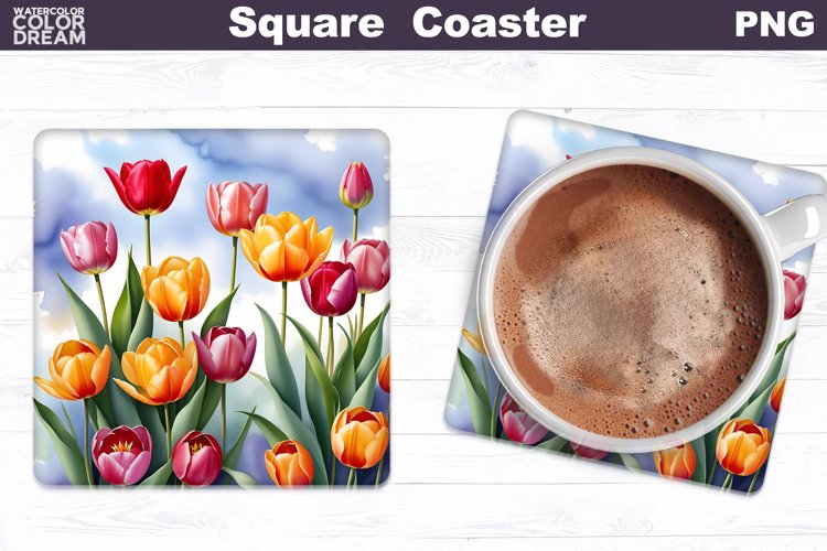 Watercolor Tulip Square Coaster | Spring Flowers Coaster example image 1