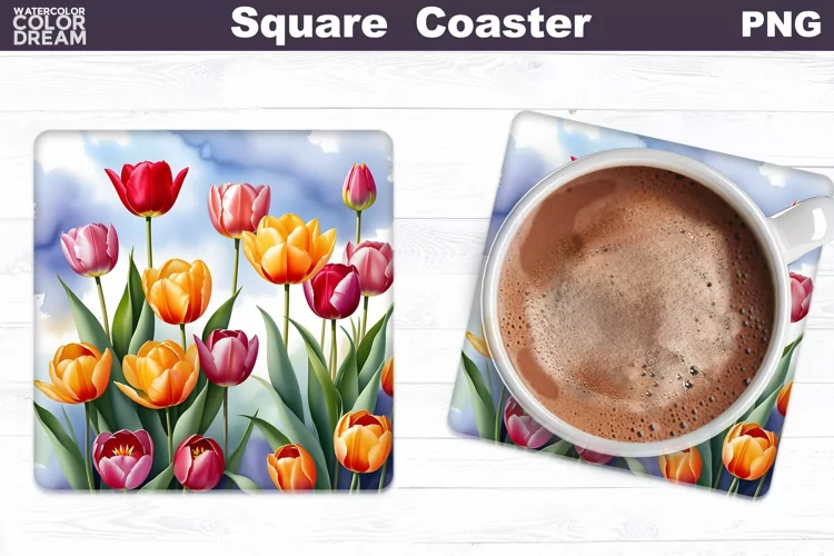 Watercolor Tulip Square Coaster | Spring Flowers Coaster