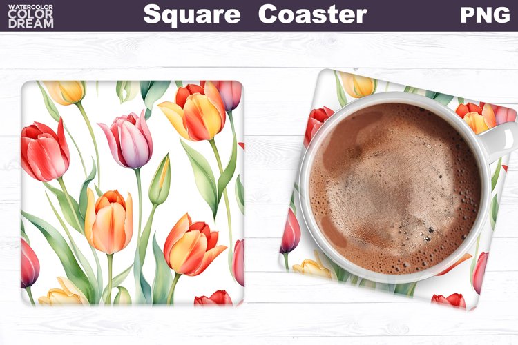 Watercolor Tulip Square Coaster | Spring Flowers Coaster
