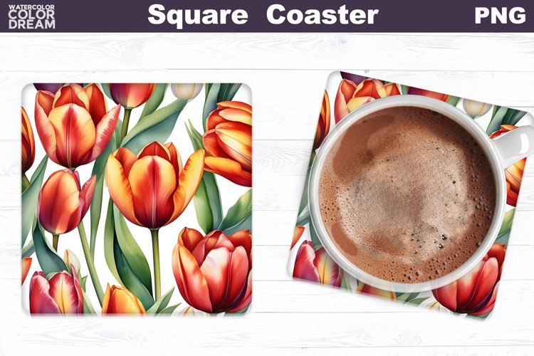 Watercolor Tulip Square Coaster | Spring Flowers Coaster example image 1