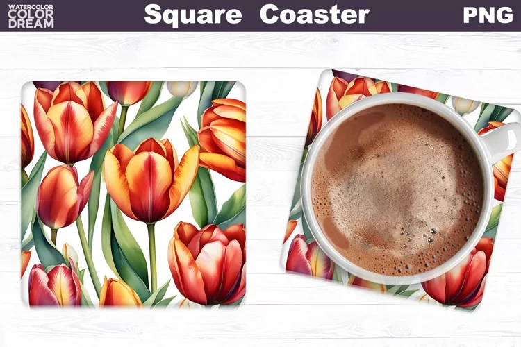 Watercolor Tulip Square Coaster | Spring Flowers Coaster