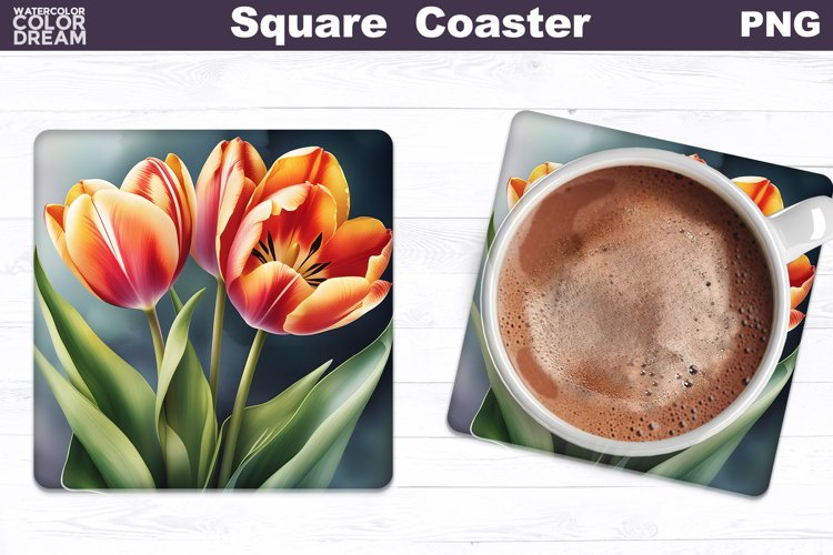 Watercolor Tulip Square Coaster | Spring Flowers Coaster example image 1