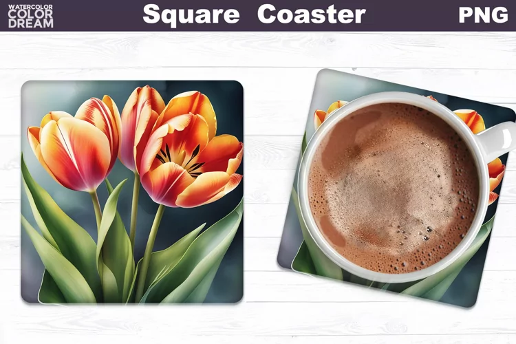 Watercolor Tulip Square Coaster | Spring Flowers Coaster
