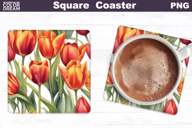Watercolor Tulip Square Coaster | Spring Flowers Coaster example image 1