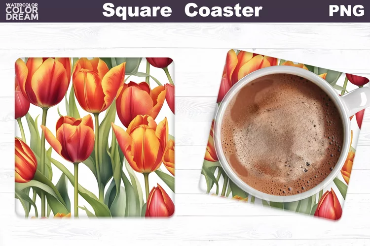 Watercolor Tulip Square Coaster | Spring Flowers Coaster