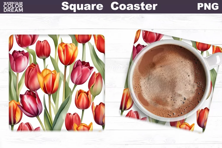 Watercolor Tulip Square Coaster | Spring Flowers Coaster