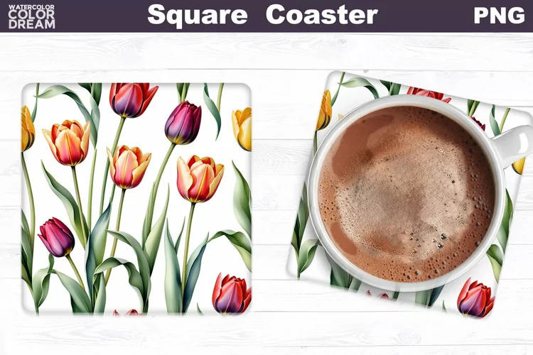 Watercolor Tulip Square Coaster | Spring Flowers Coaster