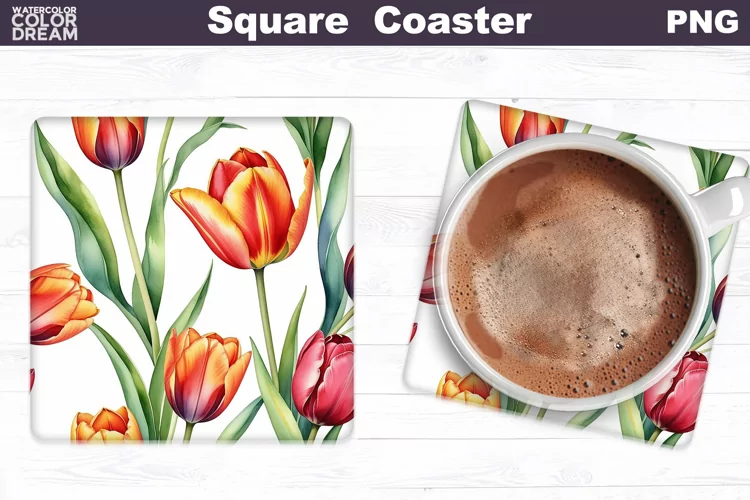 Watercolor Tulip Square Coaster | Spring Flowers Coaster