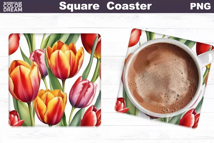 Watercolor Tulip Square Coaster | Spring Flowers Coaster