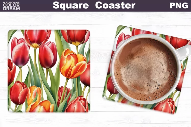 Watercolor Tulip Square Coaster | Spring Flowers Coaster